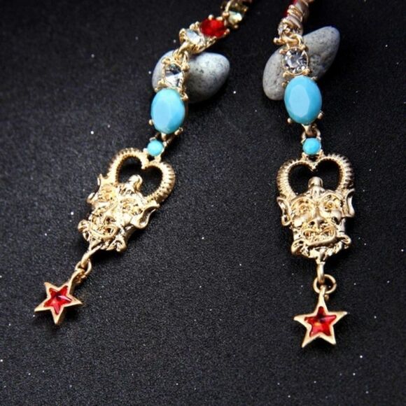 Blue Red Rhinestone Crystal Abstract Gold Dangle Statement Earrings - Picture 5 of 6